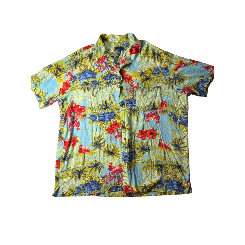 George Mens XL Tropical Flamingo Hibiscus Print Button Up Hawaiian Shirt